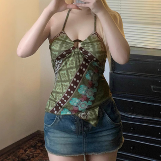 Halter self tie print o ring hollow out irregular cut out top