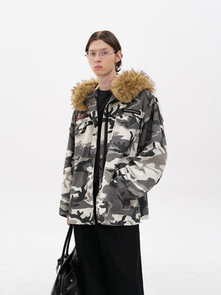 [MASONPRINCE] Camouflage Fur Collar Oversized Parka Coat