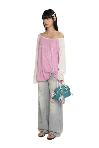 [Moromoro2] Y2K Bunny Print Wide Neckline Raglan  Tee