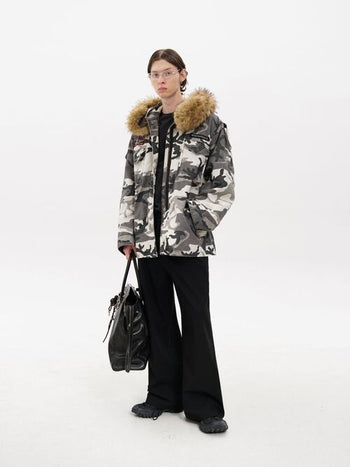 [MASONPRINCE] Camouflage Fur Collar Oversized Parka Coat
