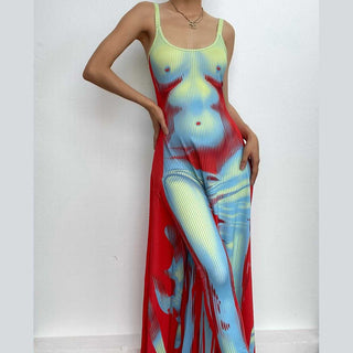 Body pattern u neck ruffle backless contrast cami maxi dress-final-sale