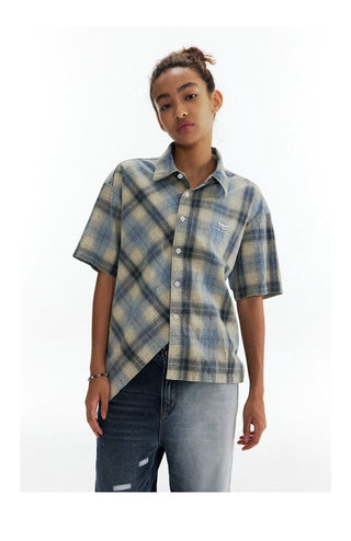 CONP Asymmetric bias-cut plaid shirt (blue)