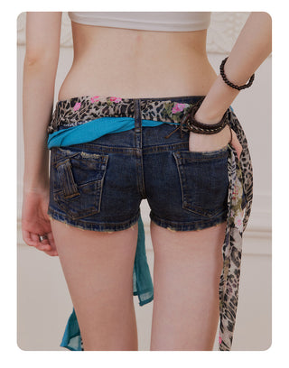 [NECY] New Vintage Floral Leopard Ribbon Denim Shorts