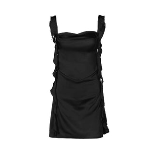 Cowl neck ruffle satin ruched cami mini dress