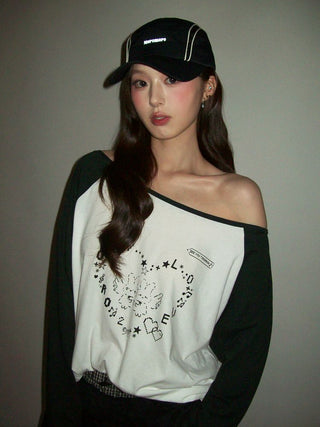 [Moromoro2] Y2K Bunny Print Wide Neckline Raglan  Tee