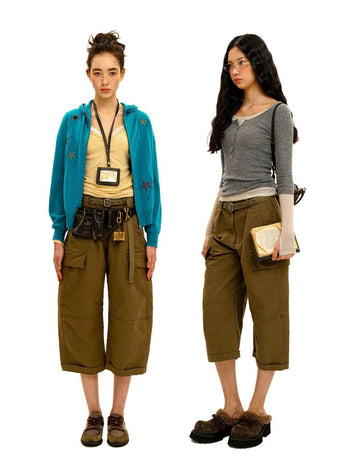 [Moromoro2] 3D Silhouette Belted Work Cropped  Pants