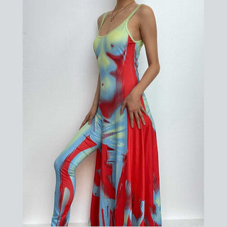 Body pattern u neck ruffle backless contrast cami maxi dress-final-sale