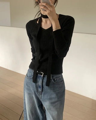 (set) Tie & V-neck knit set