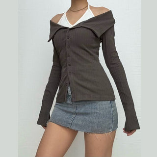 Long sleeve turnover collar halter button 2 piece top