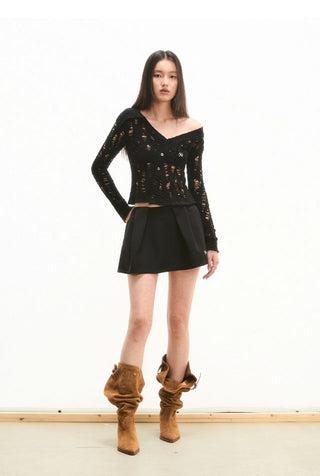[NOTAWEAR] Asymmetric Off-shoulder Hollow  Cardigan