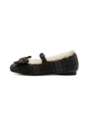 [Moromoro2] Plaid Bow Fur-Lined Ballet  Flats