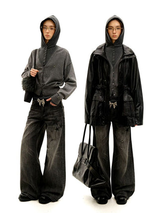 [Moromoro2] Star Plaid Patchwork Wide Leg  Jeans