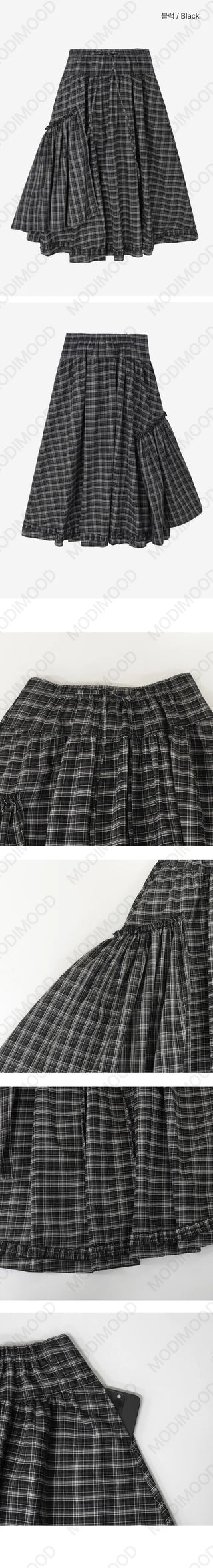 Roeun Vintage Frill Long Check Skirt