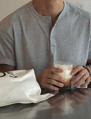 COMBED Henley Neck Cut-out Short Sleeve T-shirt (7 colors, M~XL)