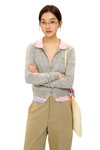 [Moromoro2] Contrast Collar Layered Knit  Cardigan