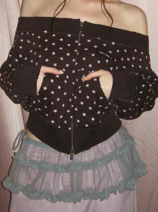 [Moromoro2] Distressed Star Print Off-Shoulder  Sweatshirt