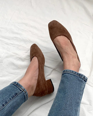 (3 colors) Suede Square Toe Mid-Heel Pumps