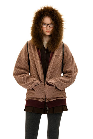 [Moromoro2] Contrast Striped Hooded Cardigan  Set