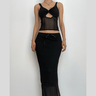 Lace v neck sleeveless hollow out solid patchwork maxi skirt set - Final Sale