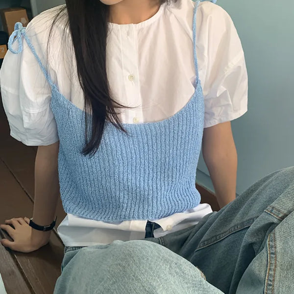 Layered Ribbon Camisole Knit Top Bustier