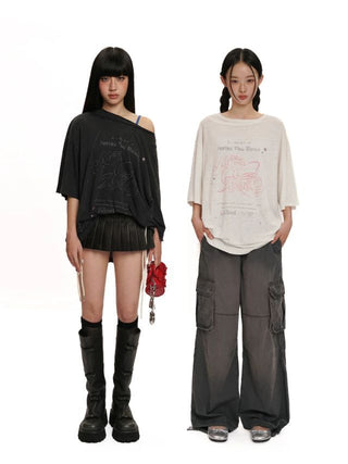 [Moromoro2] Washed Bow Graffiti Rhinestone Oversized  Tee