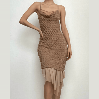 Textured mesh solid ruched irregular cami midi dress - Final Sale