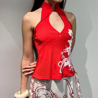 Hollow out print high neck contrast cut out top