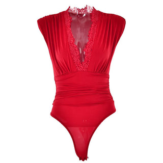 V neck lace hem ruched solid bodysuit