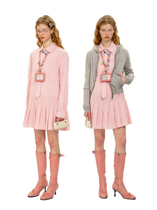 [Moromoro2] Crinkle Tie-Neck Pleated Shirt  Dress