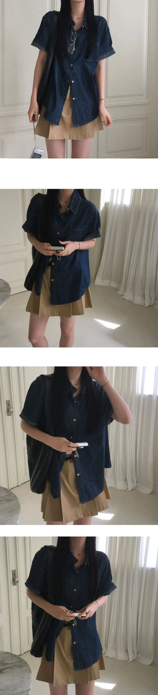 Overfit denim short-sleeved roll-up shirt