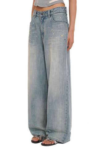 [Moromoro2] Rhinestone Bow Embroidered  Denim