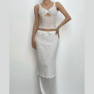 Lace v neck sleeveless hollow out solid patchwork maxi skirt set - Final Sale