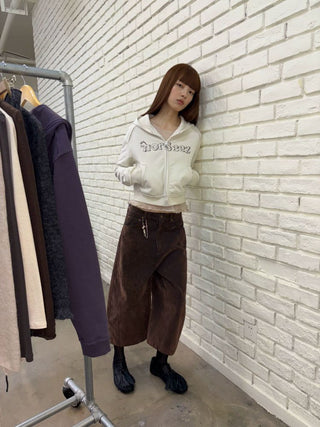 [NeverSeez] Cropped Raw Edge Hooded Zip-Up