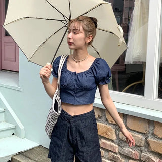 Denim puff blouse