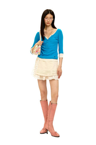 [Moromoro2] Layered Henley Top with Contrast  Trim