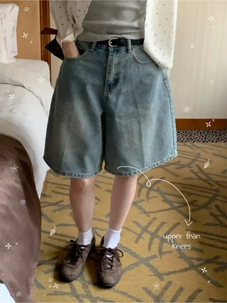 5/8 length wide wash denim shorts