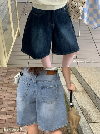 5/8 length wide wash denim shorts