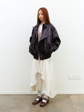 [NeverSeez] Stand Collar Asymmetrical PU Leather Jacket