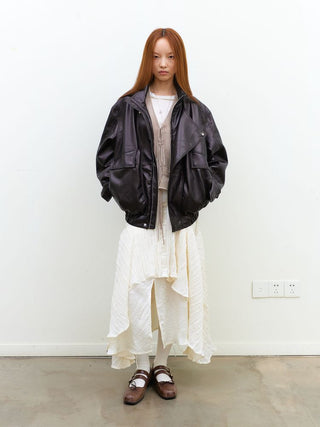 [NeverSeez] Stand Collar Asymmetrical PU Leather Jacket