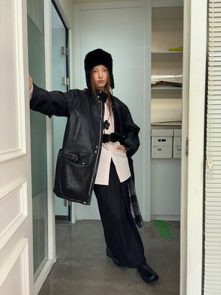 [NeverSeez] Padded PU Leather Trench Coat