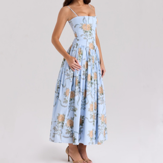 Flower print ruched zip-up cami maxi dress