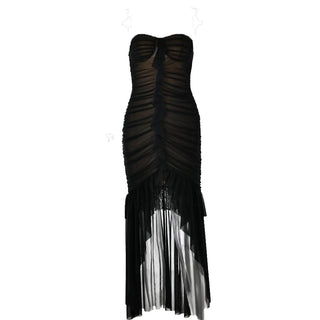 Sweetheart neck ruched ruffle tube midi dress-final-sale