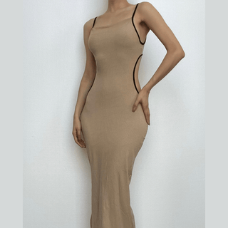 Ribbed contrast hollow out self tie backless slit cami cut out midi dress