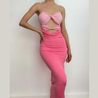 Hollow out contrast patchwork bowknot backless self tie cut out maxi dress - Final Sale