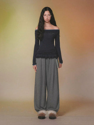 [Moromoro2] Off-Shoulder Ruffle Hem Long Sleeve  Top