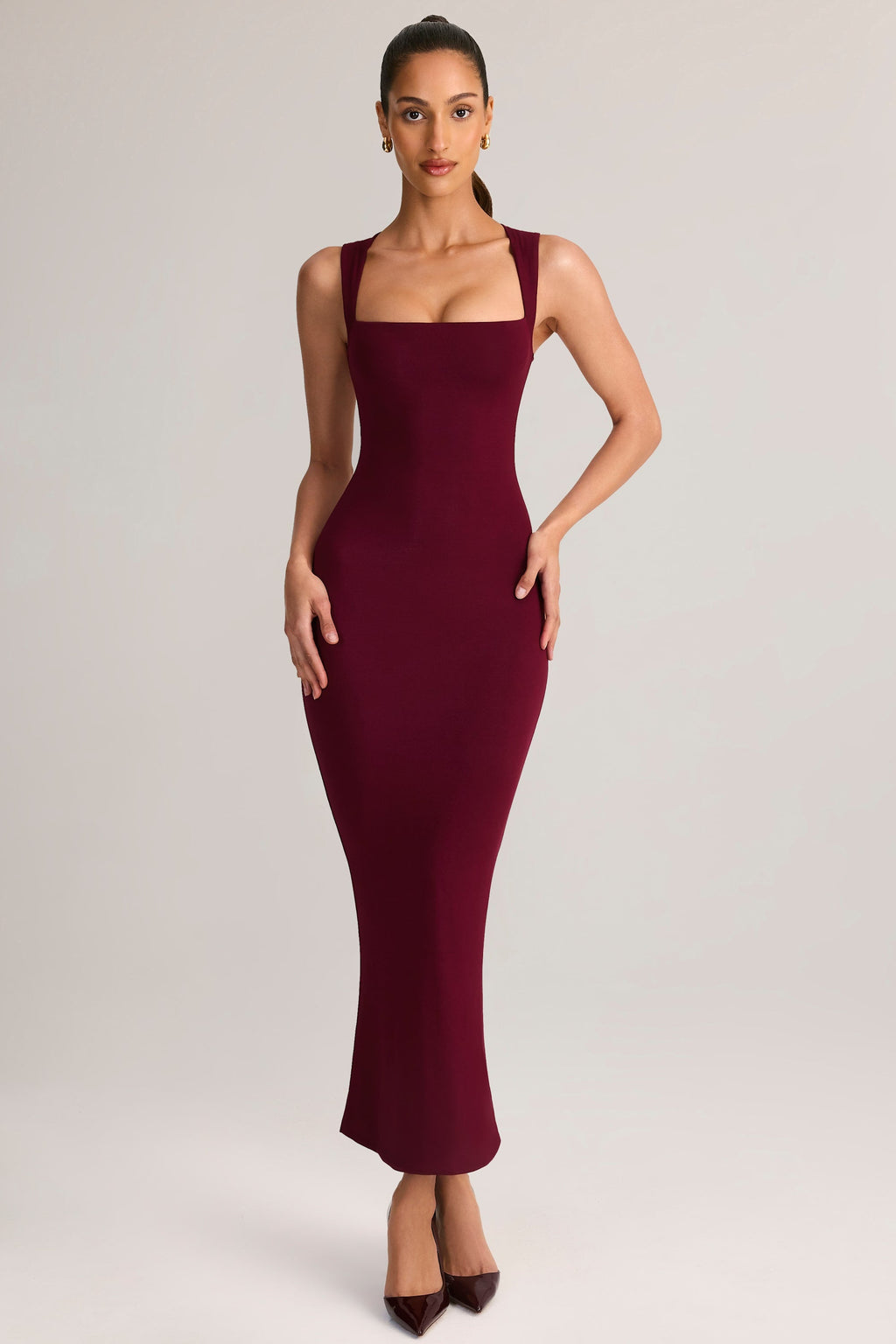 Modal Square-Neck Bodycon Midi Dress in Wine – Uncut-Trends