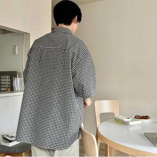 Linen check open collar shirt
