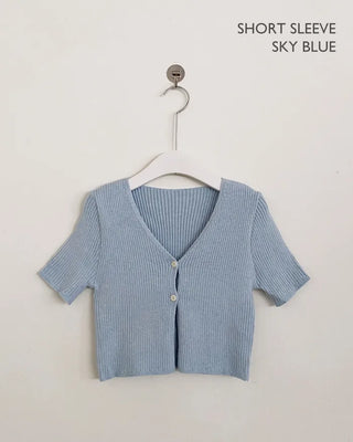 (Short-sleeved/Long-sleeved) Pastel Cropped V-neck Slim Button Ribbed Cardigan