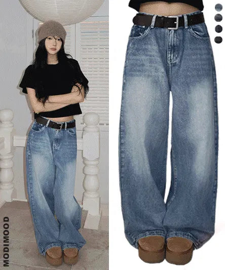 Folder Hem Snap Two-Way Faded Denim Pants - 4 Colors