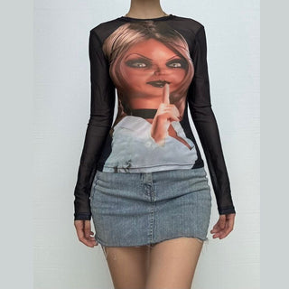 Long sleeve crewneck figure print sheer mesh top